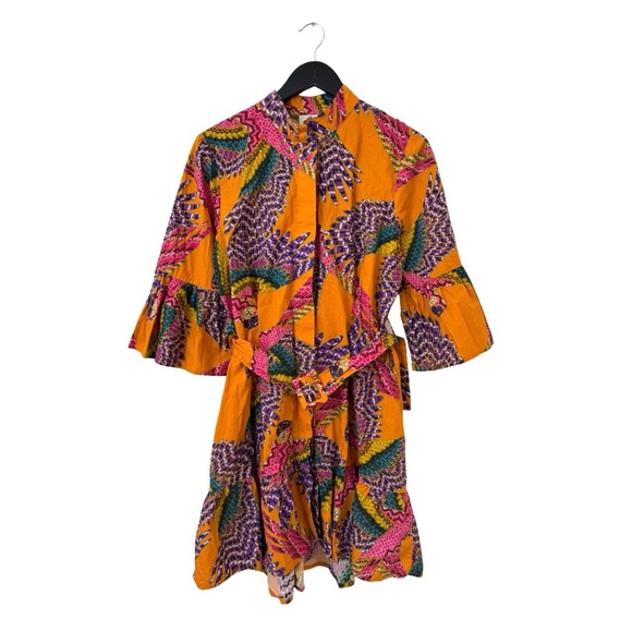 Farm‎ Rio Large Macaw Print Poplin Belted Mini Dress Orange Mutli Boho Colorful - Picture 3 of 11